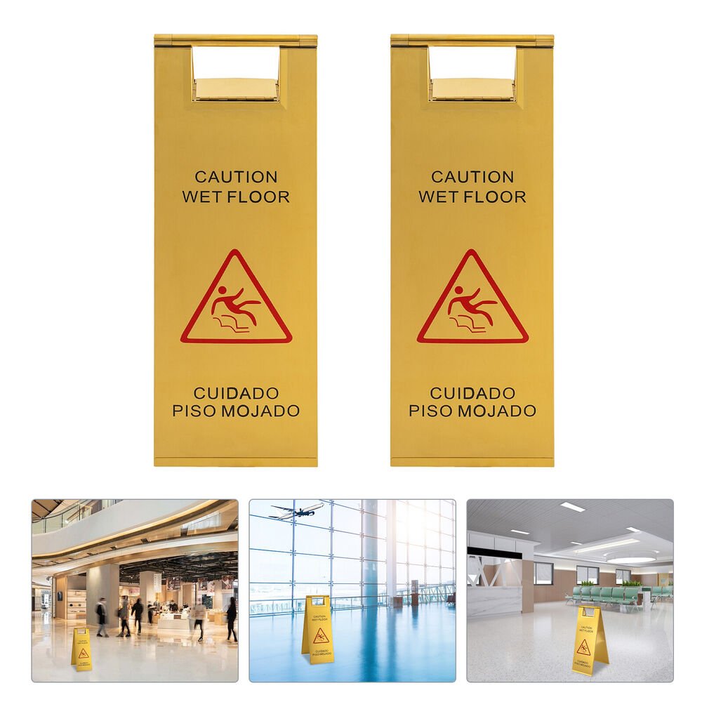 Modern 2-Piece Gold Stainless Steel Wet Floor Warning Sign Stand