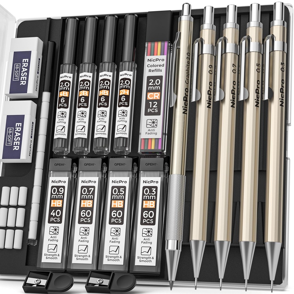 Nicpro 5 PCS Art Mechanical Pencils Set, Metal Drafting Pencil 0.3 & 0.5 & 0....