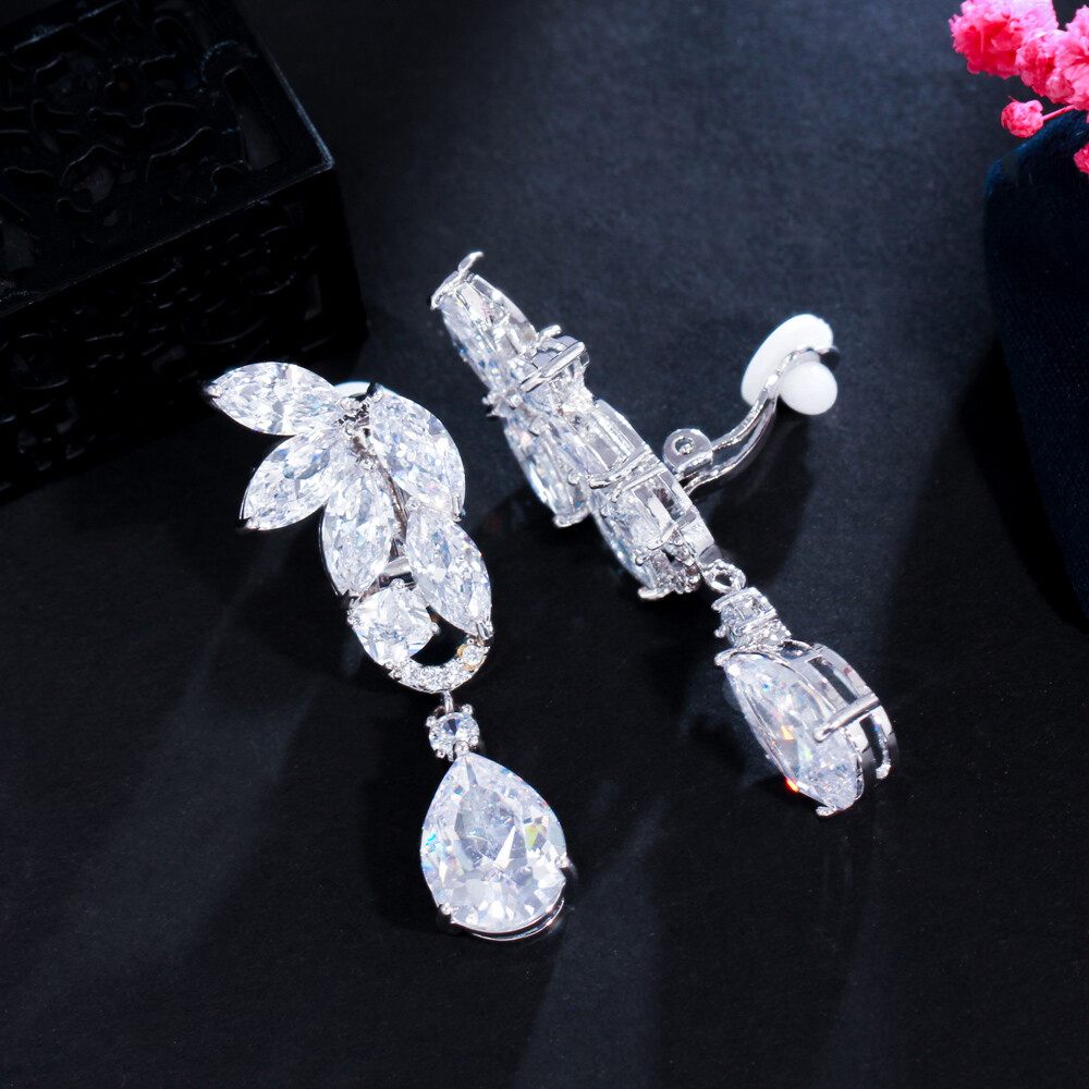 Silver Plated Symmetrical CZ Leaf Long Drop Non Pierced Clip On Wedding Earrings