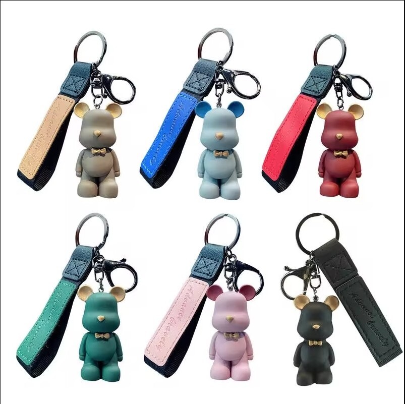 Trendy Green Bow Tie Bear Keychain with Leather Lanyard