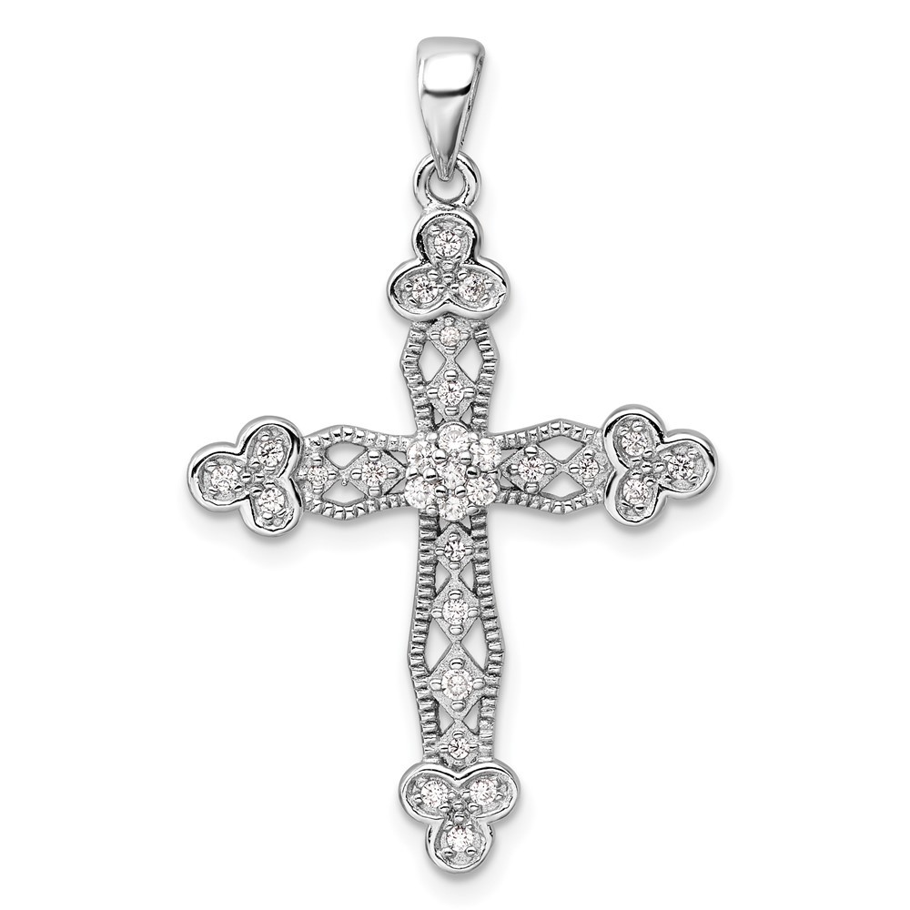 Sterling Silver Rhodium-Plated Cubic Zirconia Cross Pendant 2.89g 1.53 Inch