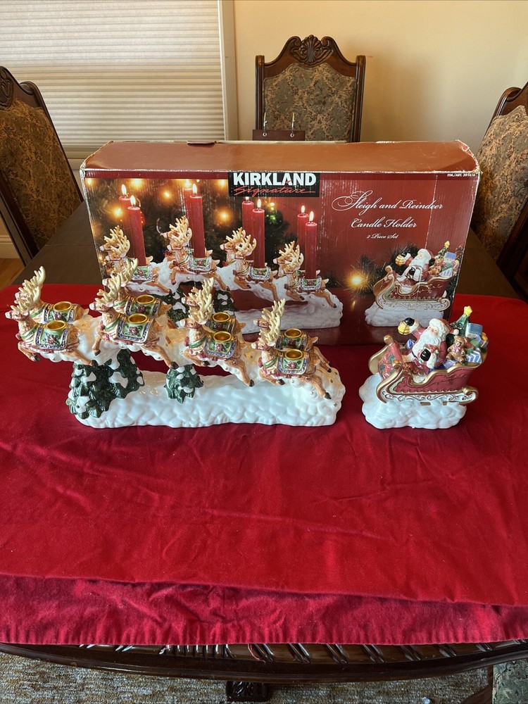 Kirkland Signature Santa Sleigh Reindeer 2 Piece Christmas Candle Holder