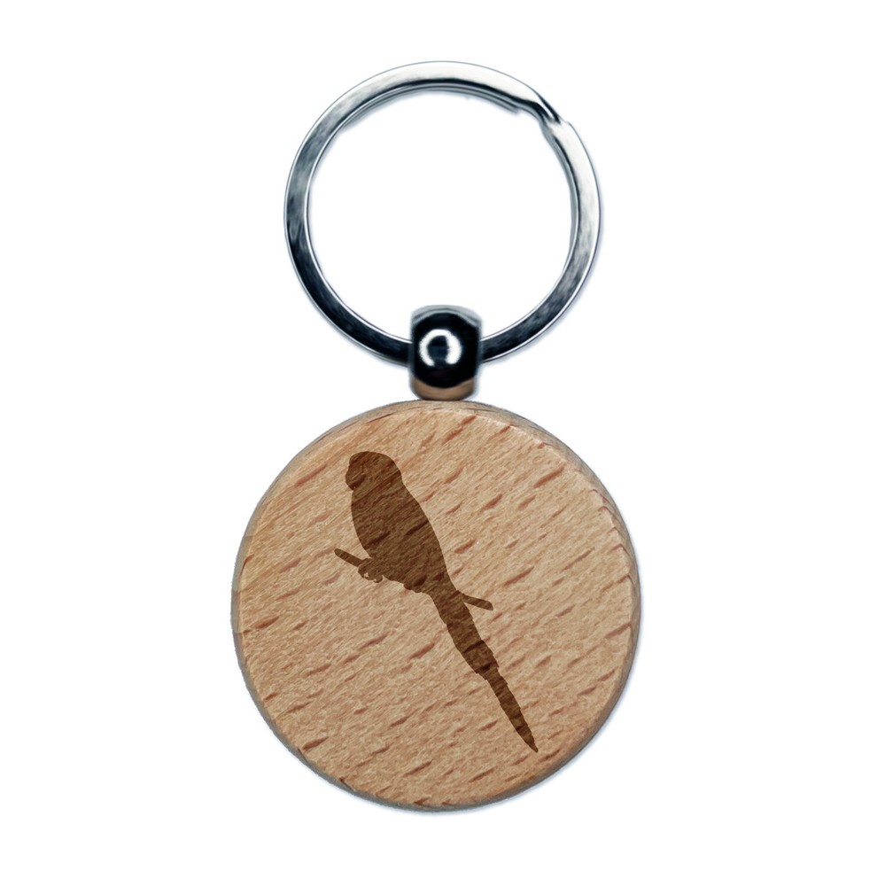 Parakeet Bird Engraved Wooden Round Keychain Charm with Branch Design  