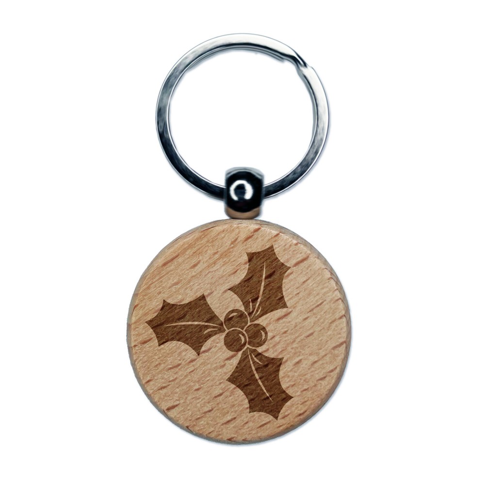 Christmas Holly Engraved Wood Round Keychain Tag Charm