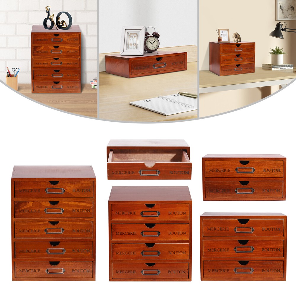 5PCS Desktop Organizer Case Wooden Storage Drawers Retro Table Organizer Box NEW