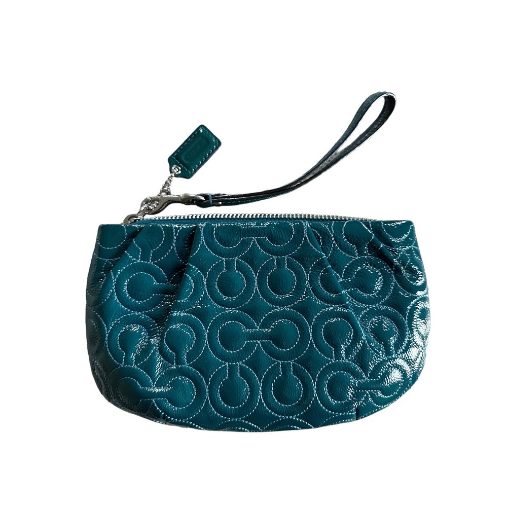 COACH 43229 Jade Teal Green Signature Debossed Patent Leather Wristlet Y2K Style