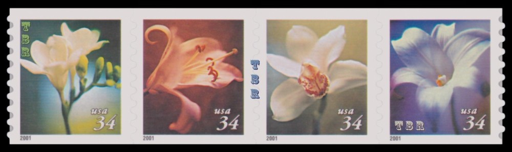 3478-81 3481 3481a Four Flowers 34c Coil Strip of 4 Attached 2001 MNH - Buy Now-image