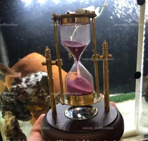 Sand Timer With Compass On Wooden Base Vintage Nautical Hanging Brass Hour Glass