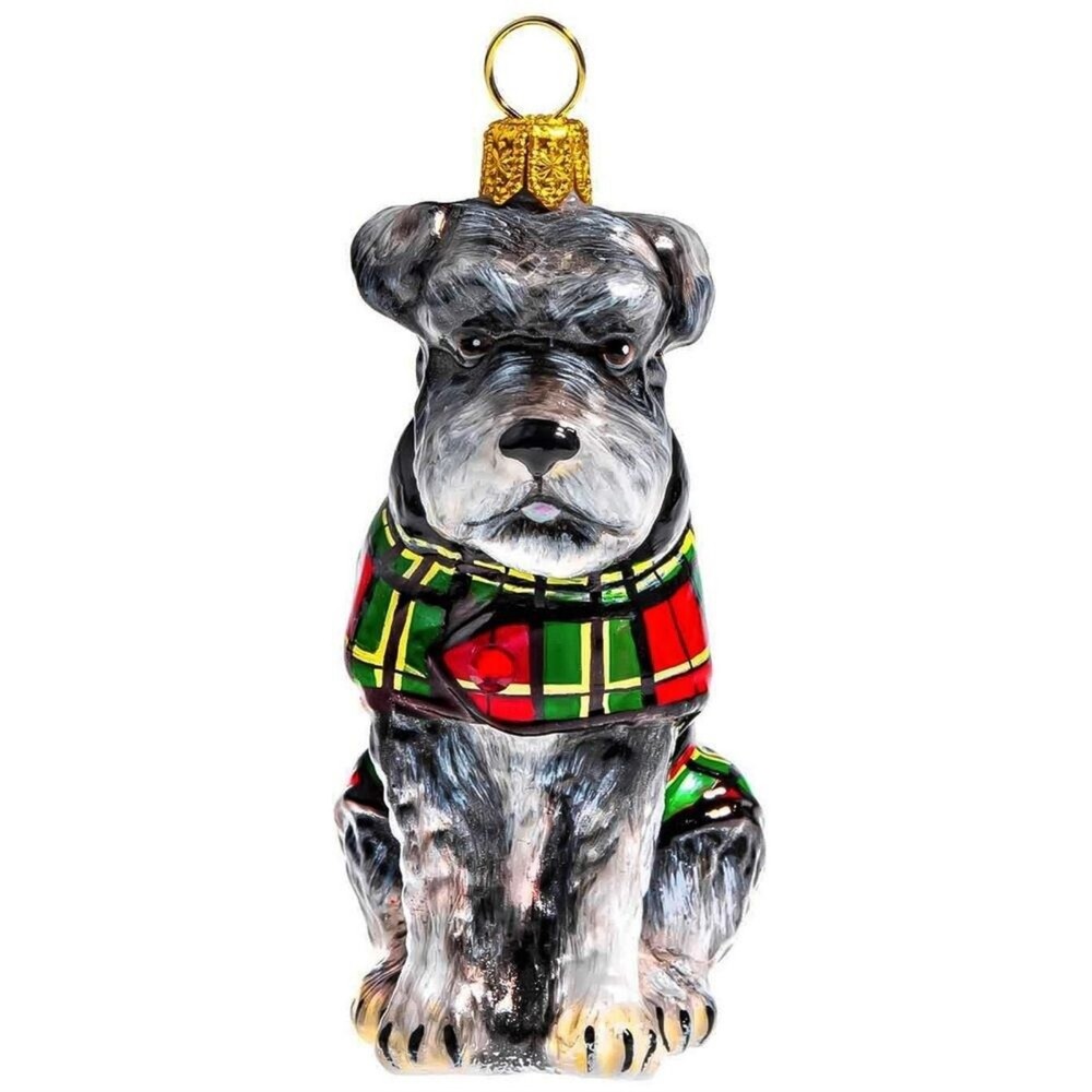 Schnauzer with Flop Ears in Tartan Plaid Coat Polish Glass Christmas Ornament