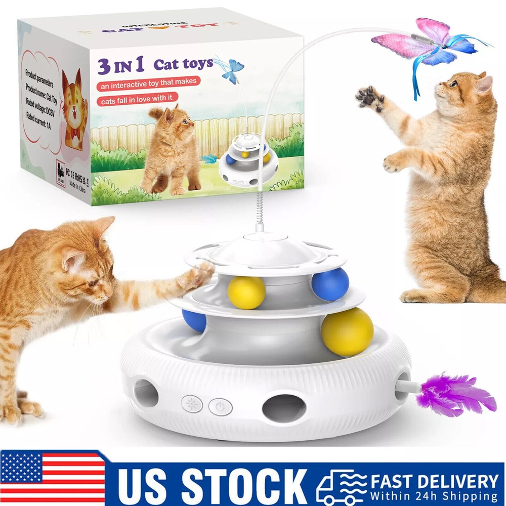 3 in 1 Electric Pet Cat Feather Toys Butterfly Automatic Interactive Ball Toy US