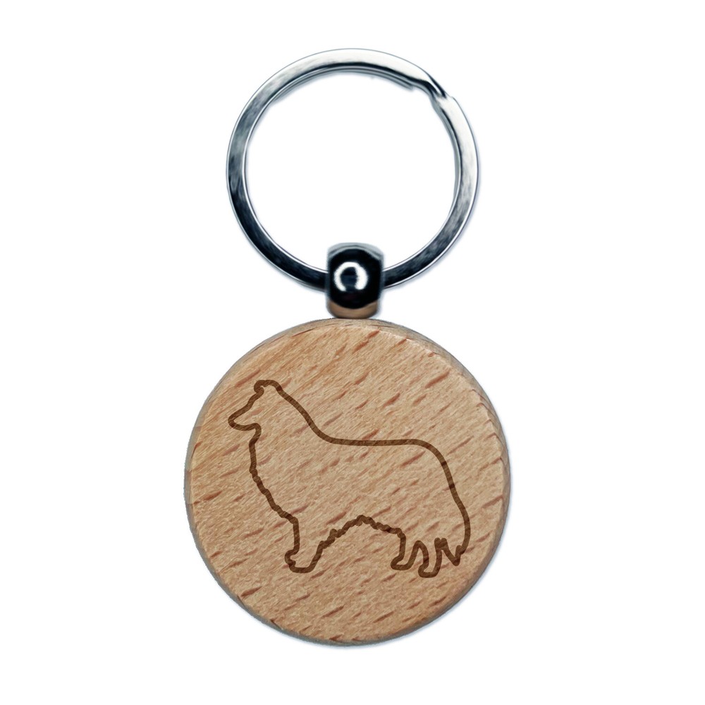 Rough Collie Dog Outline Engraved Wood Round Keychain Tag Charm