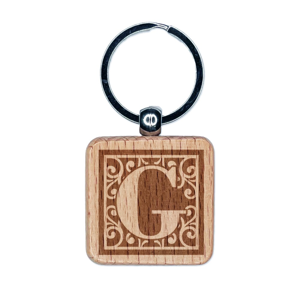 Monogram Swirls Capital Letter G Engraved Wood Square Keychain Tag Charm