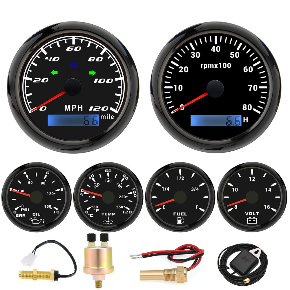 85mm GPS Speedometer 120MPH with 6 Gauge Set, Tachometer 8000RPM, 52mm Fuel Oil Water Volt Meters