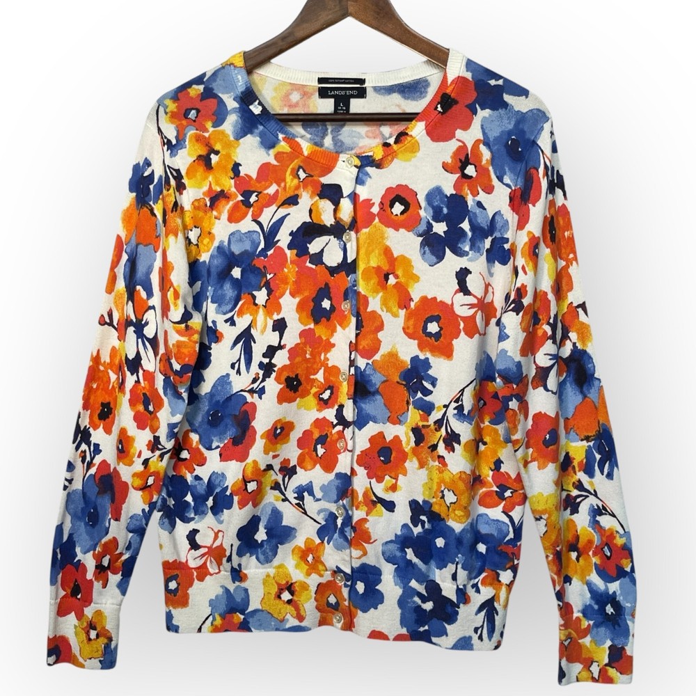 Vibrant Multicolor Floral Cotton Button Front Cardigan for Women Size L by Lands End
