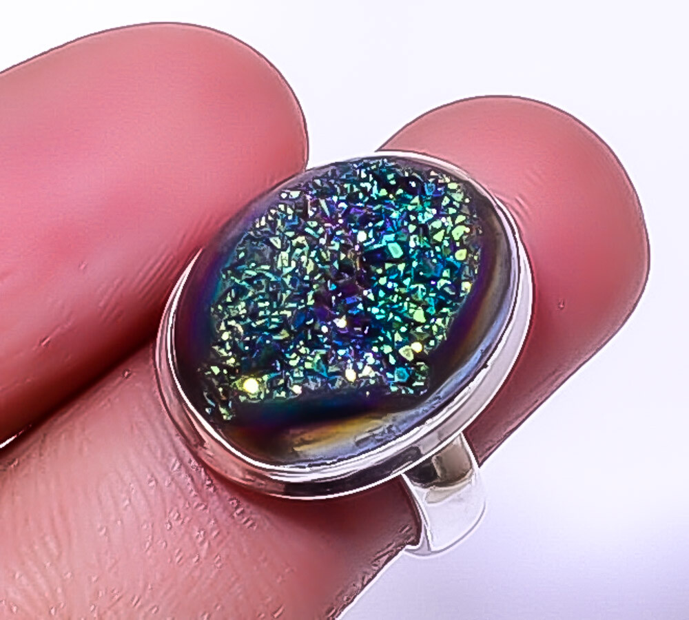 Titanium Peacock Agate Drusy 925 Sterling Silver Ring Adjustable (R118) A381