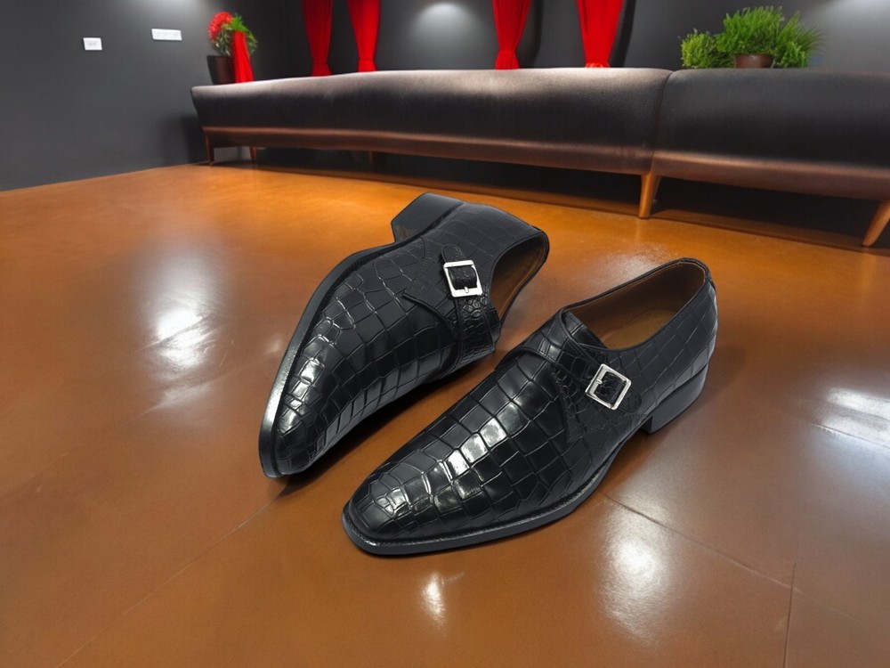 Elegant Black Crocodile Pattern Leather Shoes with Buckle | Buy Now-image