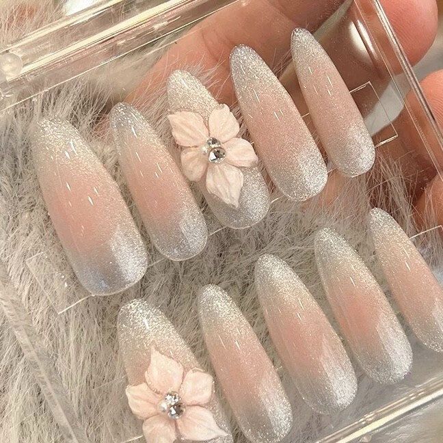 Handmade Pink Shimmer Flowers False Nail Long Almond Press on Nail for Nail Art