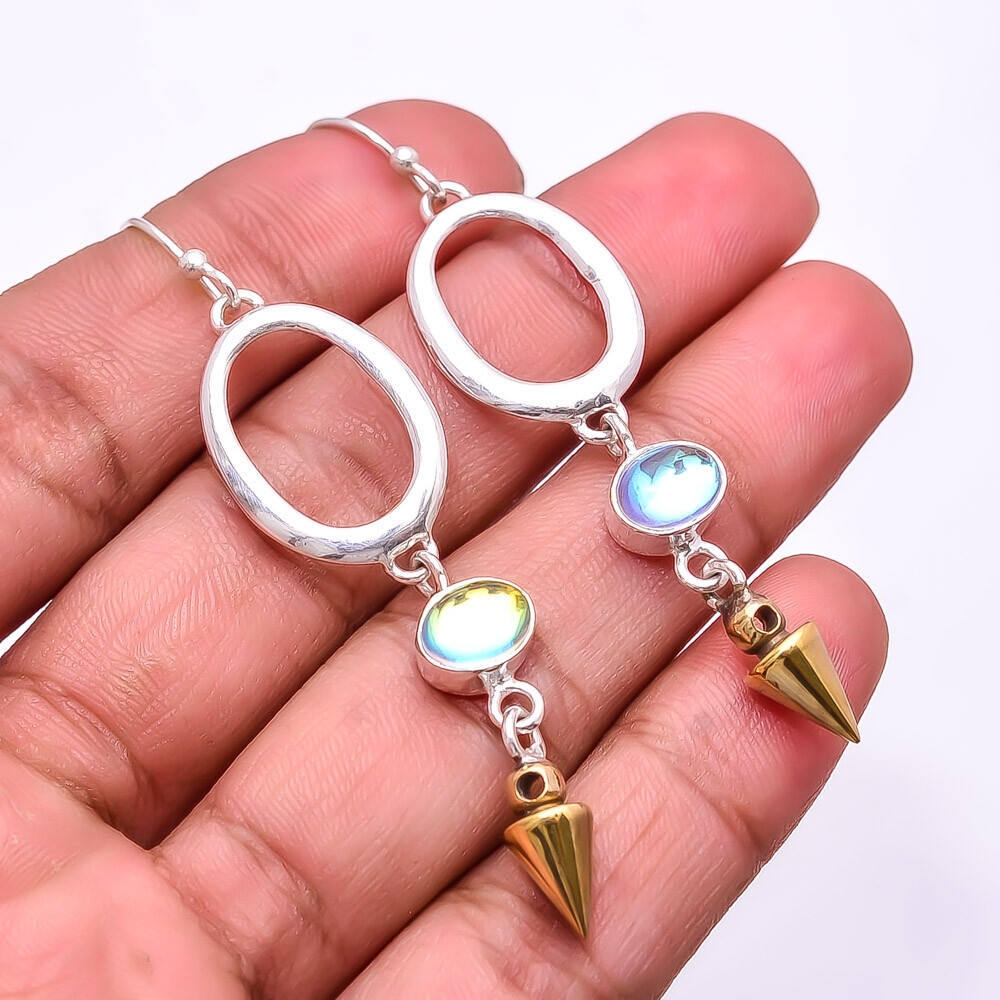 Aura Rainbow Mystic Fire Topaz 925 Silver Two Tone Arrow Head Earring 2.73