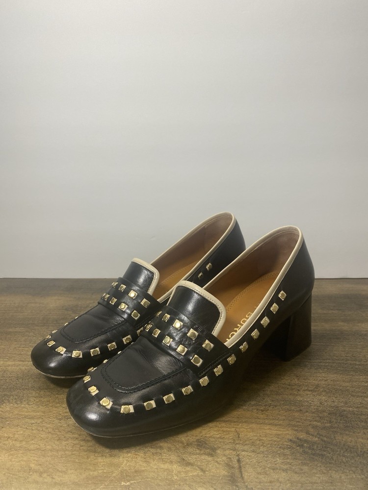 Tory Burch Black Leather Gold Studded Heel Loafers Women Size 8 Slip On Shoes