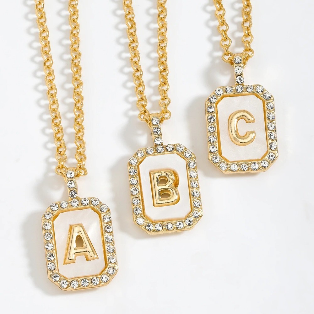Fashion Gold Square Initial Letter Pendant Necklace, Bling Rhinestone Charm Gift