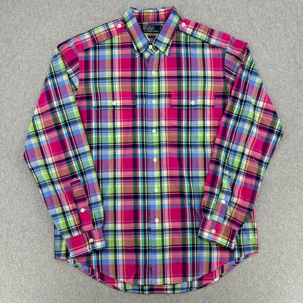 Ralph Lauren Mens Large Multicolor Madras Plaid Button Down Shirt with Shoulder Strap