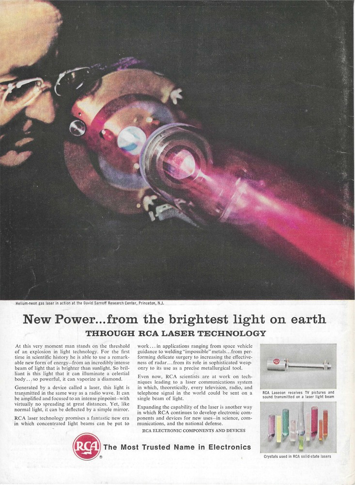 1964 RCA Print Ad ~ Helium-Neon Gas Laser Technology ~ Cold War, Space Race