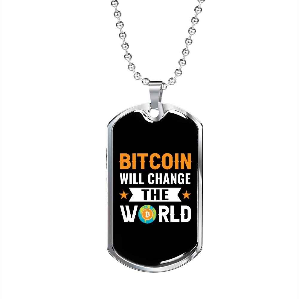 Bitcoin World Changer Necklace in Stainless Steel or 18k Gold with Dog Design  