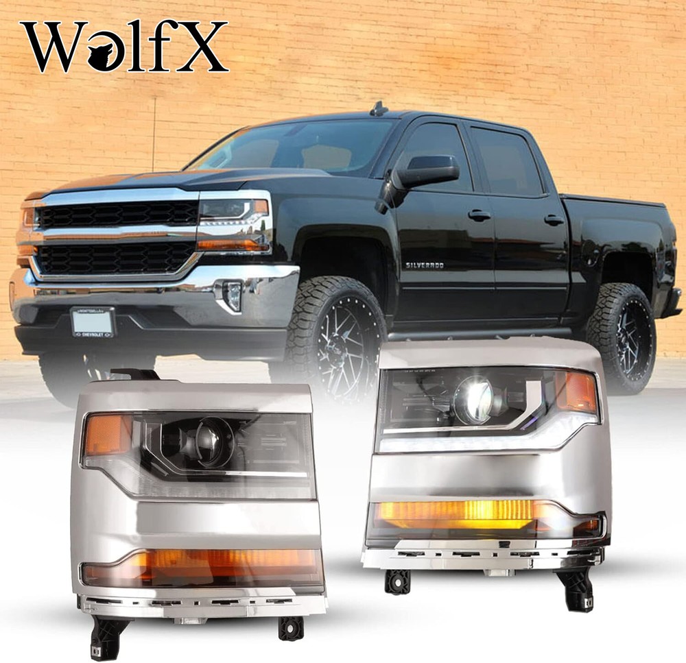 Pair LED DRL Headlights Chrome For 2016-2018 Chevy Silverado 1500 HID/Xenon L+R