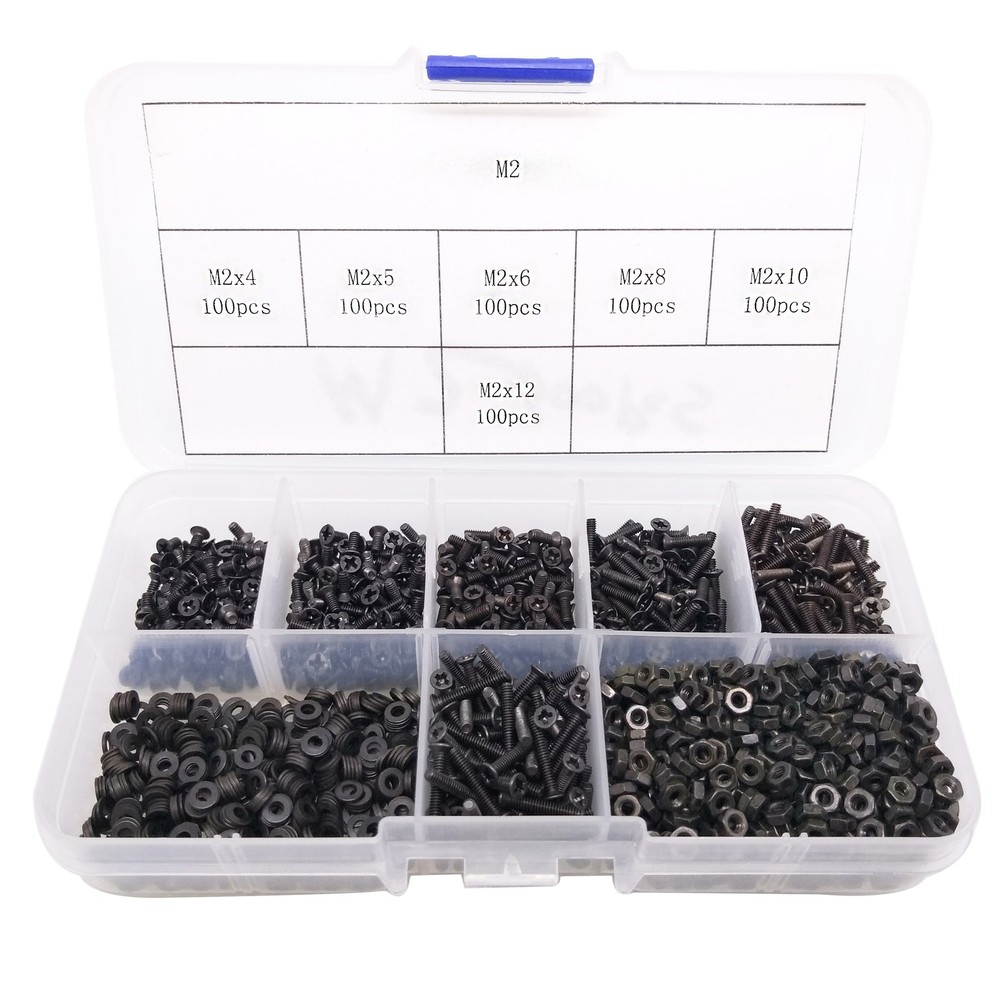 600pcs M2 Flat Head Black Screws with Nuts Washers Assortment Kit