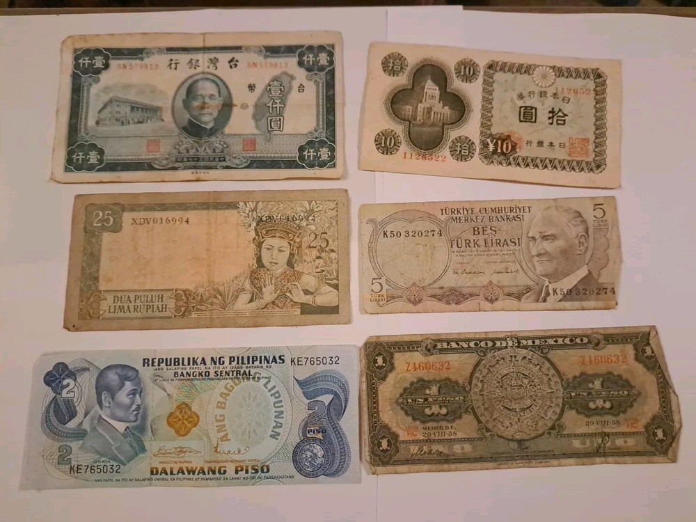 Lot of 6 Assorted World Paper Money Circulated Foreign Banknotes
