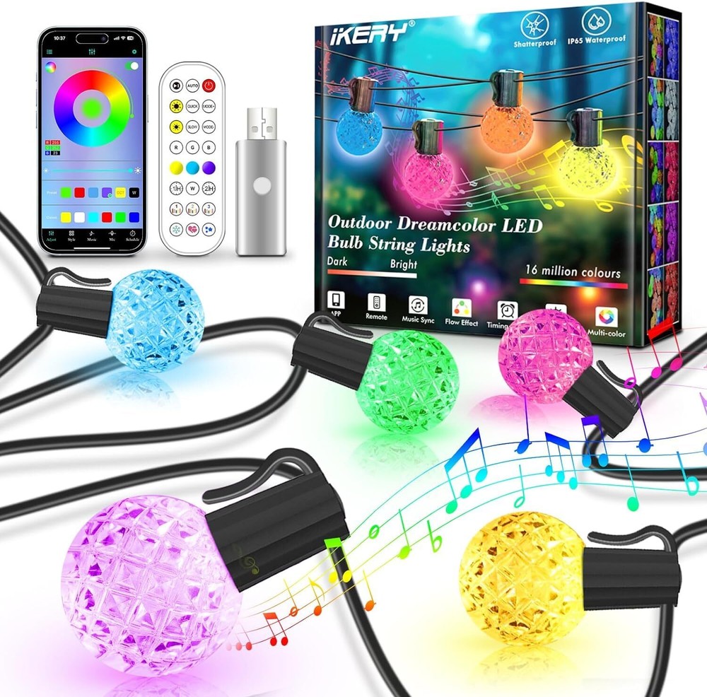 100Ft Outdoor String Lights USB 5V RGB Globe Led Patio Lights with50 Shatterp...