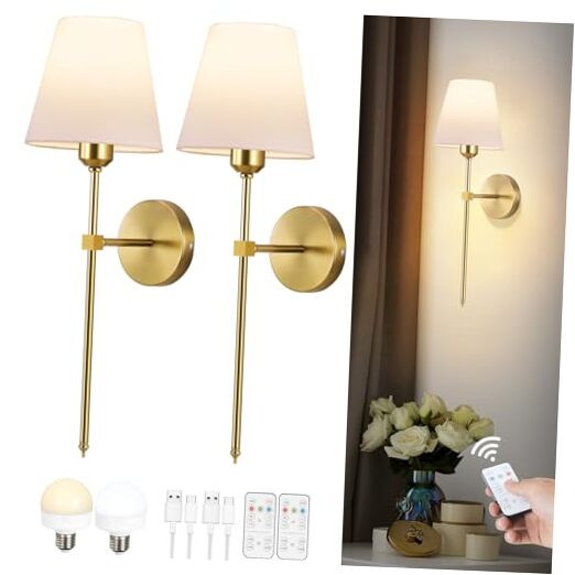 Wireless Battery Operated Wall Sconces Set of 2，Gold Cordless Rechargeable