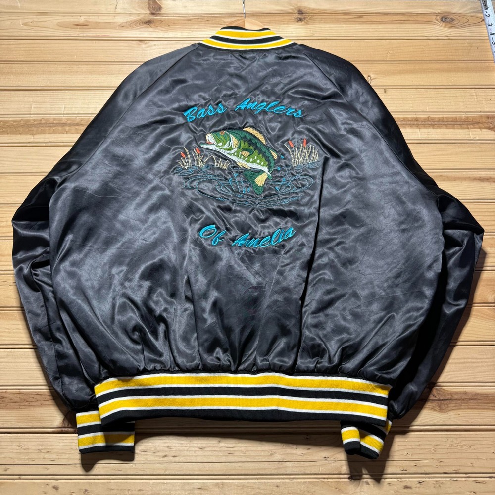 Vintage 80s 90s Bass Anglers of Amelia Fishing Club Satin Bomber Jacket Size 2XL