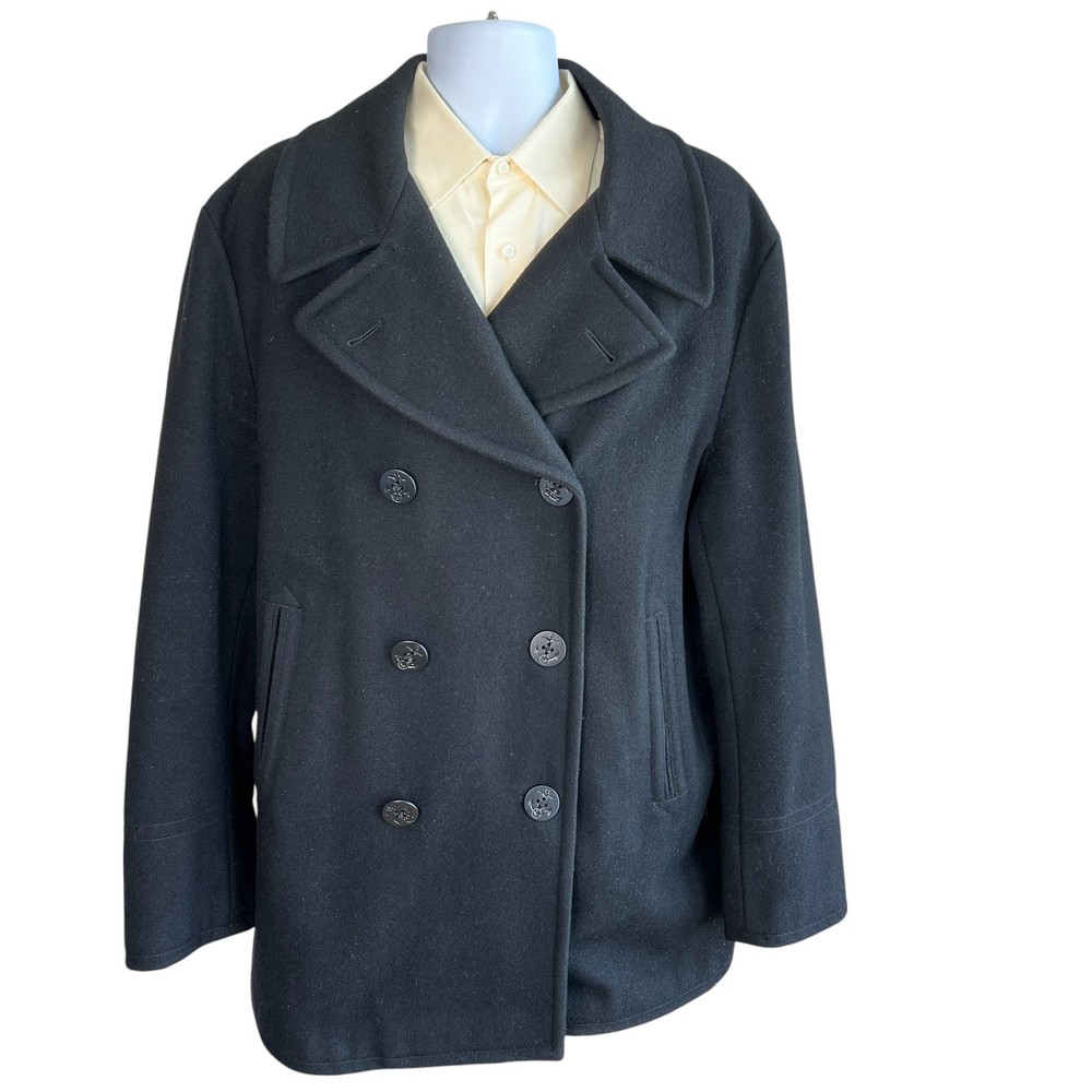 Vintage Ralph Lauren Nautical Pea Coat in Black Wool Blend Size XL Fisherman Style