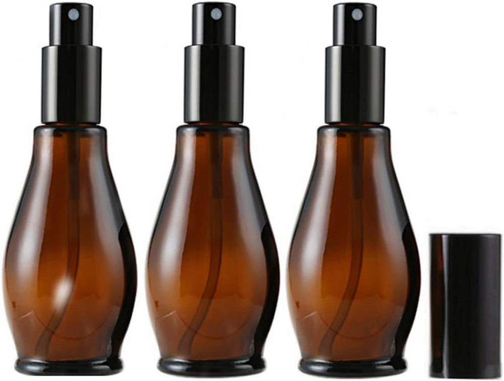 3PCS Refillable Amber Glass Spray Bottles with Black Caps for Cosmetics