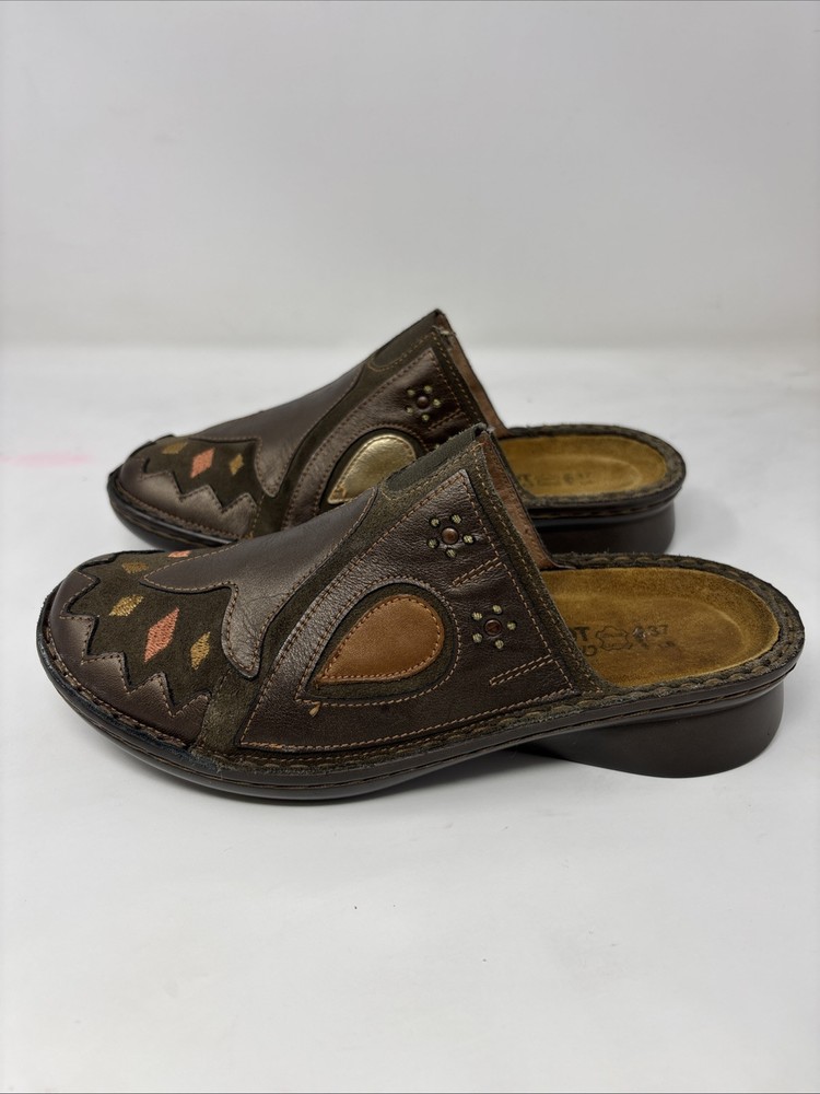 NAOT Womens Mule Clogs Brown Leather Embroidered. Size 37/ US 6.5