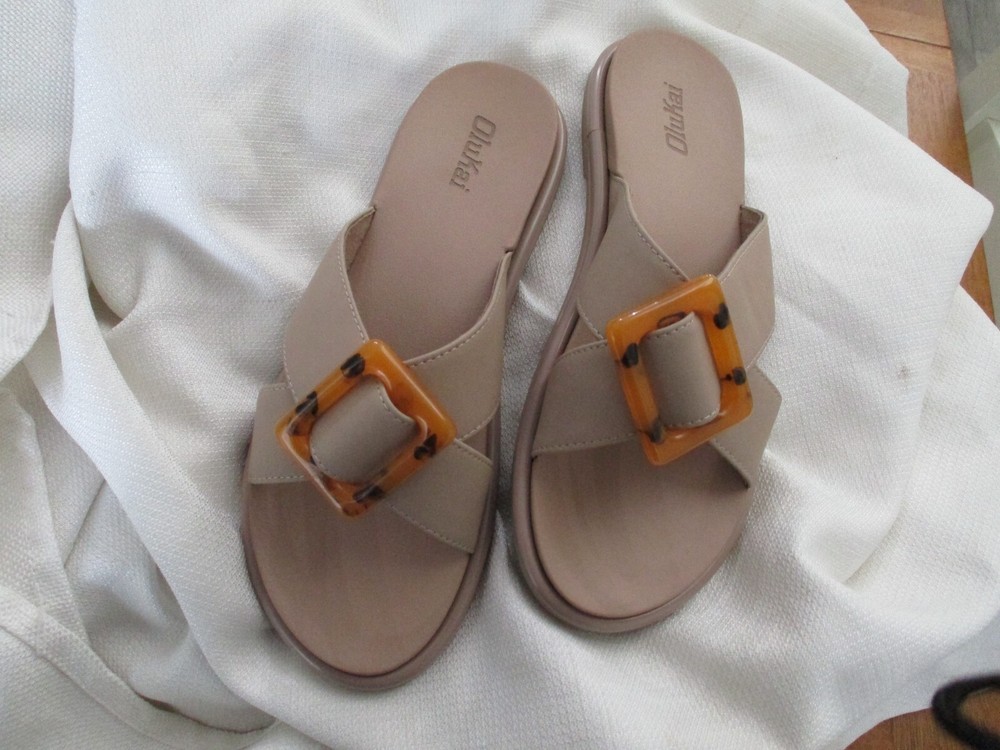 Olukai La‘i Tortoise Shell Criss Cross Slide Sandals Taupe/Taupe Women's Size