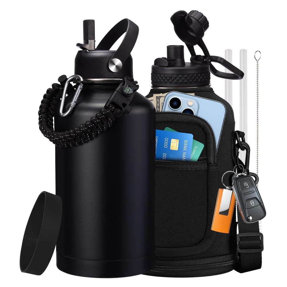 64oz Insulated Water Bottle with Straw & Auto Spout Lids, Paracord Handle, Leakproof  