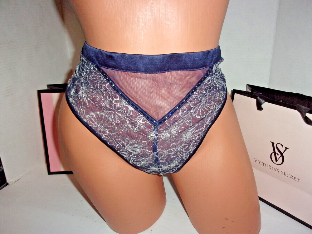 Victoria's Secret high waist thong navy~metallic silver rhinestone sparkle S