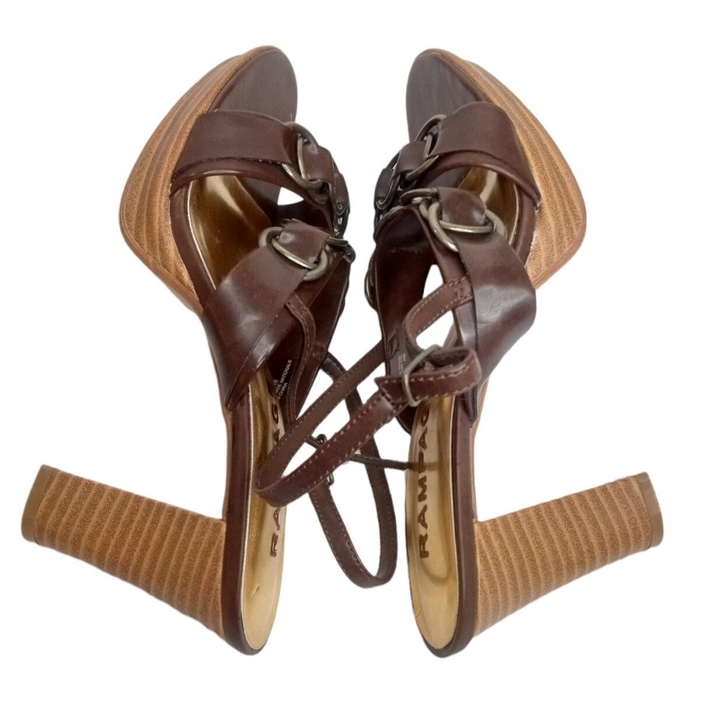 Y2K 2000s VINTAGE Sandals Size 8 Chunky Wooden Heels Brown Bronze NOS Deadstock