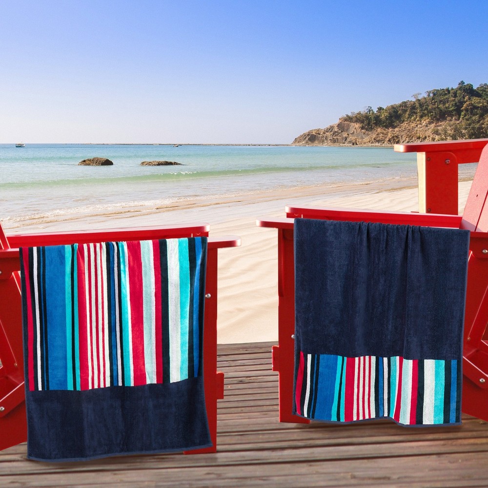Navy Blue & Red Nautical Stripe Cotton Oversized 2-Piece Beach Towel Set