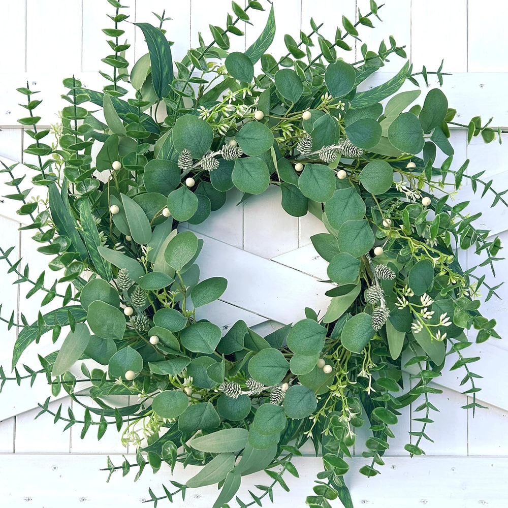 22-Inch Spring Summer Wreath with Eucalyptus Leaves & Berries for Door Decor