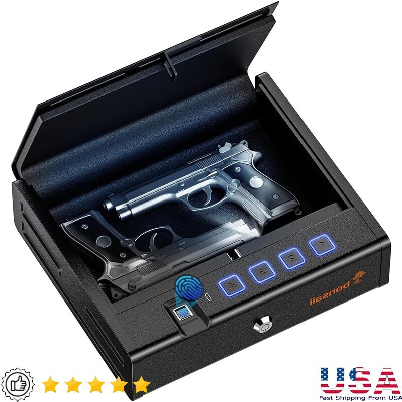 Biometric Quick Access Portable Pistol Safe with Type-C Nightstand Lock Box  -image