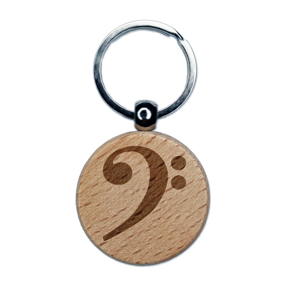 Dije de etiqueta de llavero redondo de música grabada en madera con llave de bajo