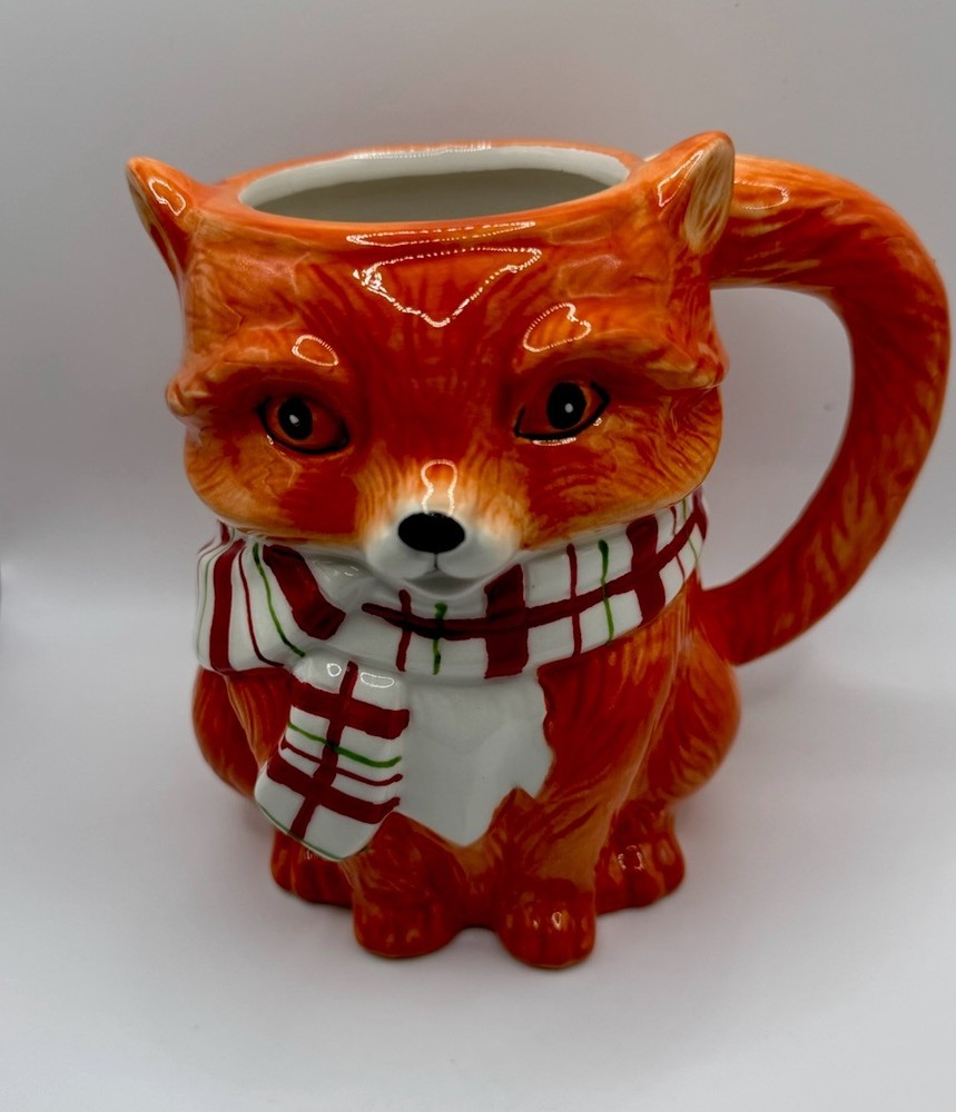 Fox w/ Plaid Scarf Coffee Mug Woodland Ceramics 3D Tail Handle Adorable