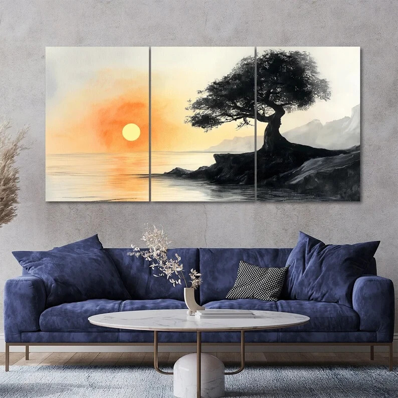Solitary Tree Sunset Silhouette 3 Pcs Wall Art Unframed Modern Home