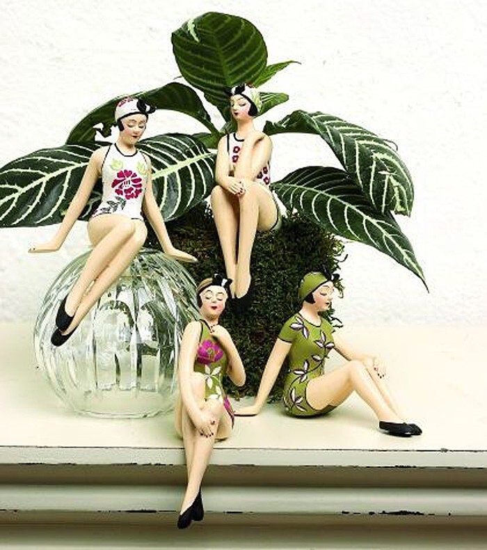 MINIATURE BATHING BEAUTY FIGURINE SET IN TROPICAL FLORAL SWIMSUITS - SET OF FOUR