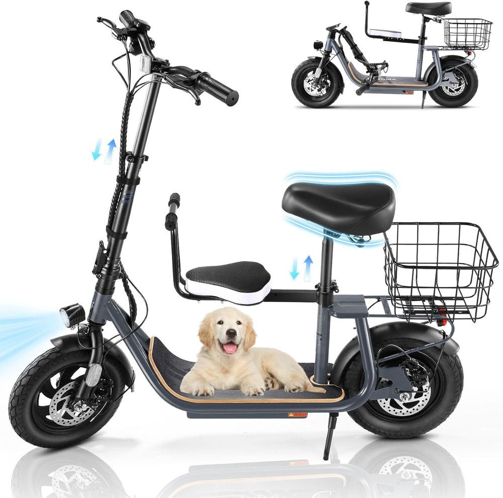 Foldable Electric Scooter for Adults with Seat & Carry Basket - E-Moped Style