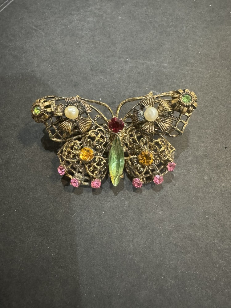 Vintage Gold-Tone Czech Rhinestone Filigree Butterfly Brooch  