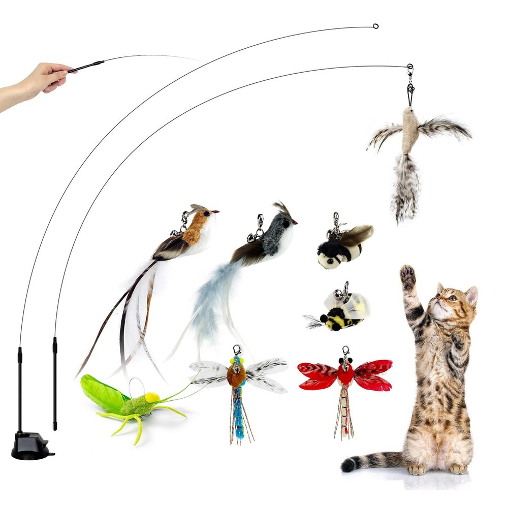 Cat Feather Toys Suction Cup,2 Cat Wands,8Pcs Birds and Insects Dragonfly Gra...